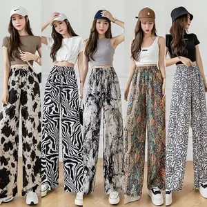 New Lady Fashion Long Pants High Waist Wide Leg Loose Straight Trousers Summer Thin Bohemian Women Casual Pants