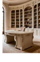 Bureau de direction d'angle en bois massif de style français, avec finition mate sculptée et double armoire, personnalisable