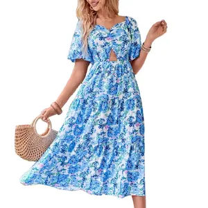 Summer new slim knee-length sexy waist hollow short sleeve V-neck women's puffy sleeve dress