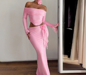 Viviblook Z323ST03 Ensemble Femme Été Tendance Sexy Top Court Sans Bretelles Manches Longues Jupe Moulante Deux Pièces - Product Image 1