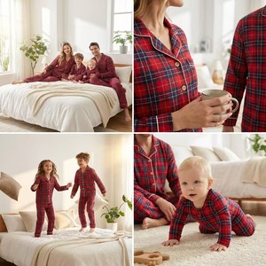 Großhandel Passende Familien-Weihnachtspyjamas Set Rot Kariert Knopfleiste Schlafanzug Maßgeschneiderte Festtags-PJs für Erwachsene Kinder Baby - Product Image 4