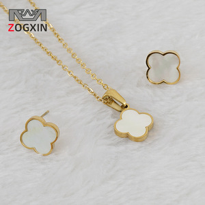 Zogxin Four Leaf Clover Jewelry Set Stainless Steel Gold Plated Necklace And Earrings For Women Gift Fashion Jewelry - Product Image 1