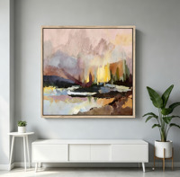 Peinture à l'huile sur toile texturée peinte à la main, champ de fleurs sauvages, art mural abstrait, paysage luxueux, cadre en bois, bleu beige floral