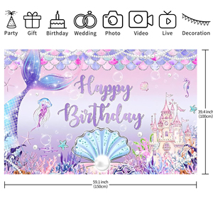 Lila Meerjungfrauenschwanz-Themen-Hintergrundbanner Muschelschloss Happy <span class=keywords><strong>Birthday</strong></span> Dekorationshintergrund für Mädchen-Partyzubehör - Product Image 4