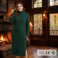 Robe longue maxi personnalisée en coton biologique côtelé lourd et laine, couleur vert foncé, col montant, manches à passe-doigts, pour femme, taille EU