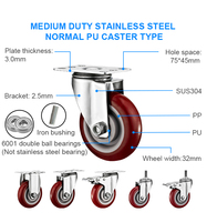 Ruedas giratorias de PU de alta calidad de acero inoxidable de 3 '', 4 y 5'', ruedas industriales para exteriores SUS 304