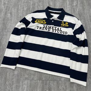 Streetwear Customize Heavyweight Rugby <b>T</b>-<b>shirt</b> Oversized <b>Long</b> <b>Sleeve</b> <b>T</b> <b>Shirt</b> With Logo Striped Embroidered Polo <b>Shirt</b> For <b>Men</b> - Product Image 3