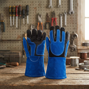 Blue Leather Work <b>Gloves</b> 14 Inch Straight Cuff Anti-Slip Abrasion Resistant General Purpose Safety <b>Gloves</b> - Product Image 4