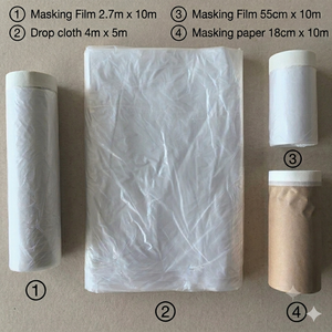 Kit de préparation pour peinture : Film de masquage acrylique adhésif pré-collé, imperméable, <span class=keywords><strong>en</strong></span> papier, tailles assorties, avec bâche plastique et rouleau de papier kraft - Product Image 2