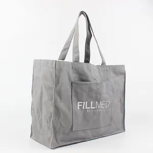 Wholesale Custom Large Size Eco 14 OZ Gray Cotton Heavy Canvas Tote Bag With Inside Pockets Front Pocket Shopping Promotional