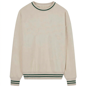 Sudadera Beige de Cuello Redondo para Hombre, Estilo Preppy Holgado con Rayas Verdes en Contraste, 100% Algodón, Impresión Digital - Product Image 1
