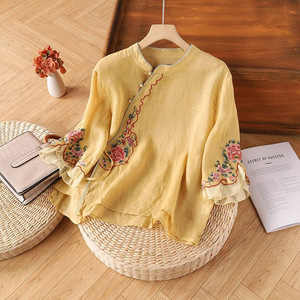 Women's Linen Embroidered Button Down Shirt Chinoiserie Three Quarter Sleeve Traditional Chinese Style Tea Dress Yellow - Product Image 1