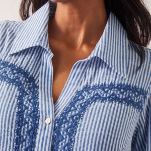 Robe en lin personnalisée 2025 pour femme, chemise décontractée en coton avec manches brodées, taille cintrée, motif rayé tissé, fabriquée en 2025 - Product Image 2