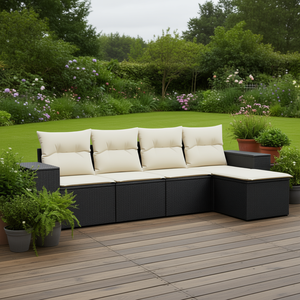 Ensemble de canapés de jardin en rotin noir avec coussins crème, mobilier d'extérieur, design contemporain, résistant à l'eau - Product Image 2