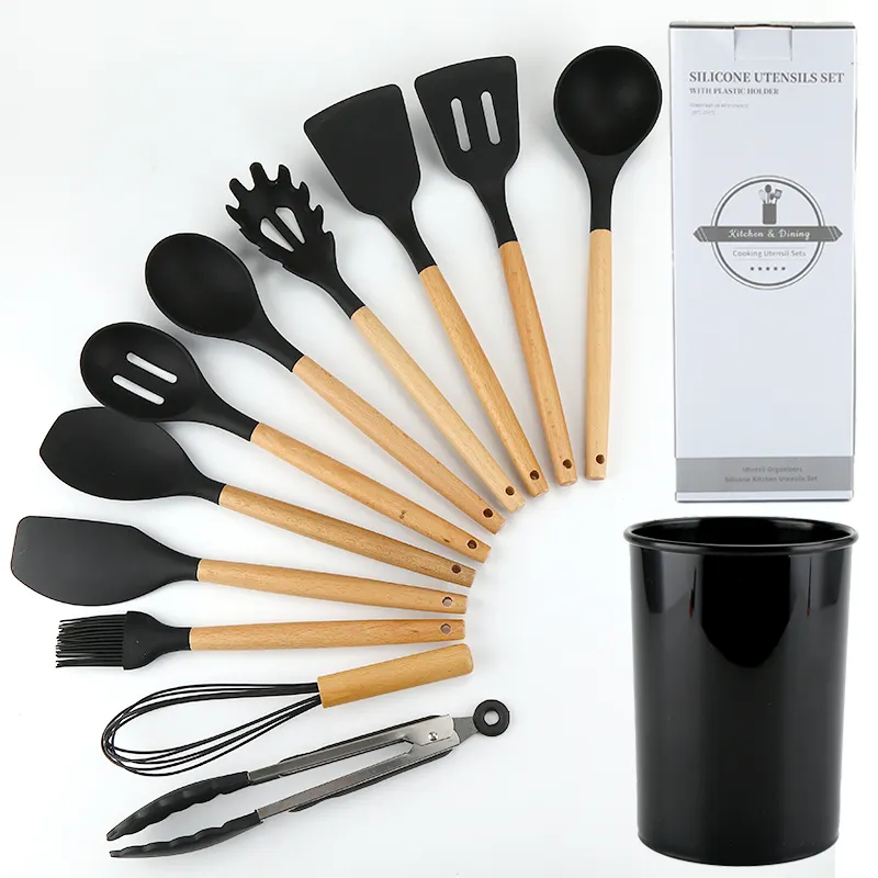 12 pcs antiaderente utensílios de silicone de cozinha conjunto com suporte madeira Handle resistente ao calor Silicone Kitchen Gadgets