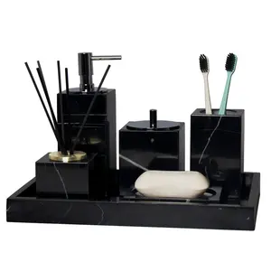 Özel lüks mermer banyo setleri 6 parça Modern tuvalet dolabı banyo aksesuarları Vanity Set