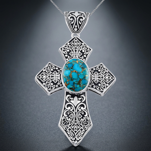 Pendentif croix solitaire en onyx noir de luxe pour femme Gourik, design filigrane oxydé, plaqué argent, forme ovale, charme de mariage - Product Image 2