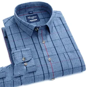 All-cotton men's T-shirt anti-wrinkle slim-fit Fall/Winter fashion striped check brushed