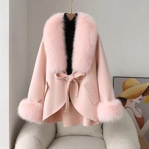 Роскошное женское двустороннее шерстяное пальто с натуральным мехом лисы, свободная кашемировая накидка, элегантный модный дизайн, зимняя куртка с поясом - Product Image 3