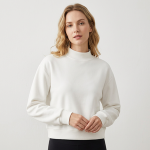 <b>Women's</b> Solid <b>White</b> Mock Neck <b>Sweatshirt</b> Heavyweight 380gsm Cotton Fleece Pullover - Product Image 1