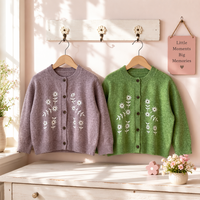 Kardigan Rajut Anak Perempuan Bordir Bunga Daisy Kerah Bulat Kancing Depan, Sweater Rajut Lembut, Label Pribadi Kustom, Pabrik OEM