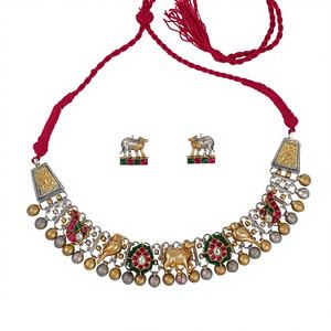 Handmade Jewelry <b>Necklace</b> <b>Set</b> with Cow Bird Motifs Kundan Work Oxidized Silver-Gold Finish Ethnic <b>Indian</b> Design - Product Image 1