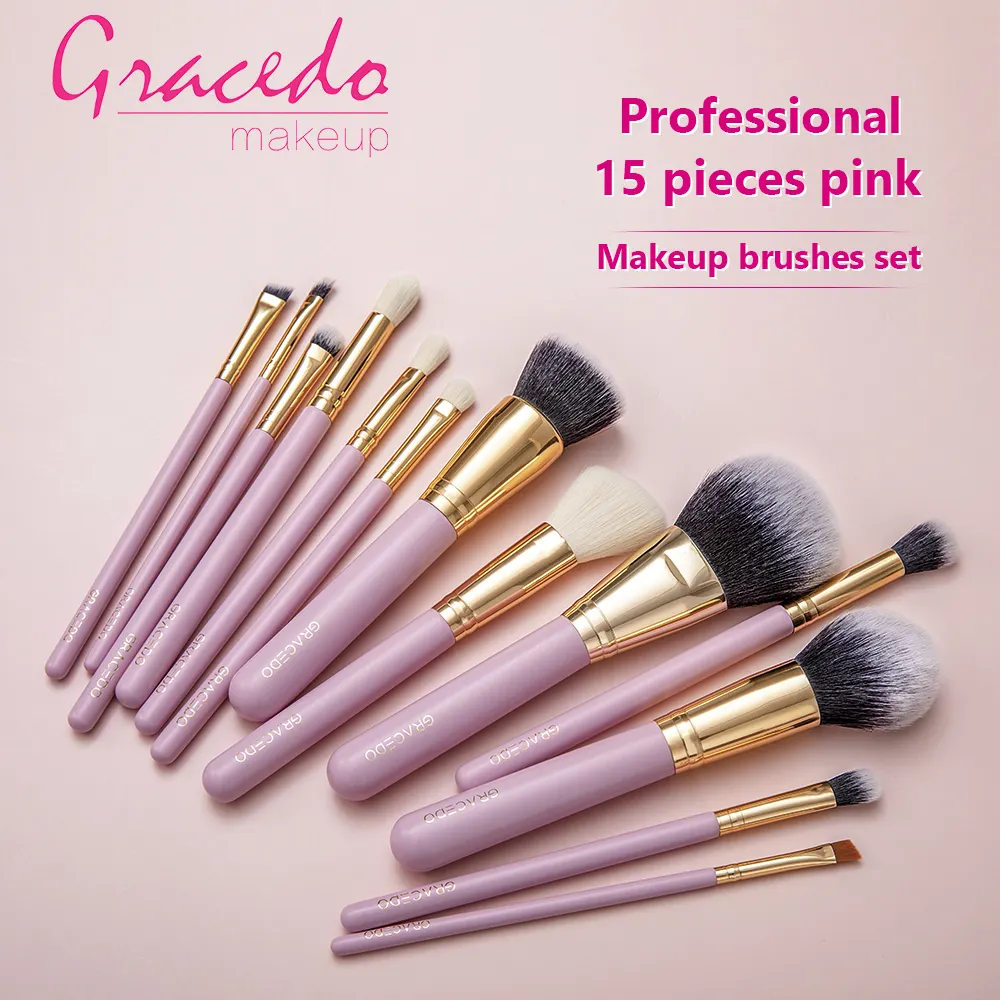 GR144 RTS 15PCs Pink Make Up Brush Premium Cosmetic Brush Foundation Blush Corrector Sombra de ojos Ceja Maquillaje Brush Set