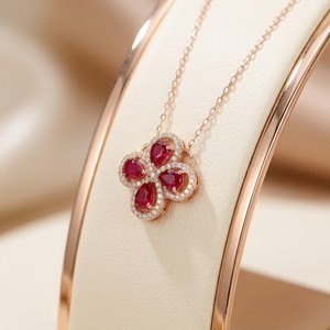 Xinfly Solid 18K Gold Natural <b>Ruby</b> Diamond Clover <b>Necklace</b> AU750 Rose Gold Pear Cut Flower Fine Jewelry for Women - Product Image 1