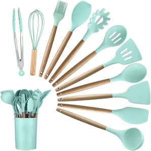 New Custom Marble Speckled <b>Silicone</b> Kitchenware Wooden Handle Cooking Utensil Set - Product Image 1