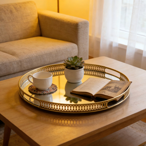 Vassoio Moderno con Cornice in Metallo Dorato e Specchio sul Fondo per Soggiorno, Hotel, Appartamento e Uso Domestico - Product Image 4