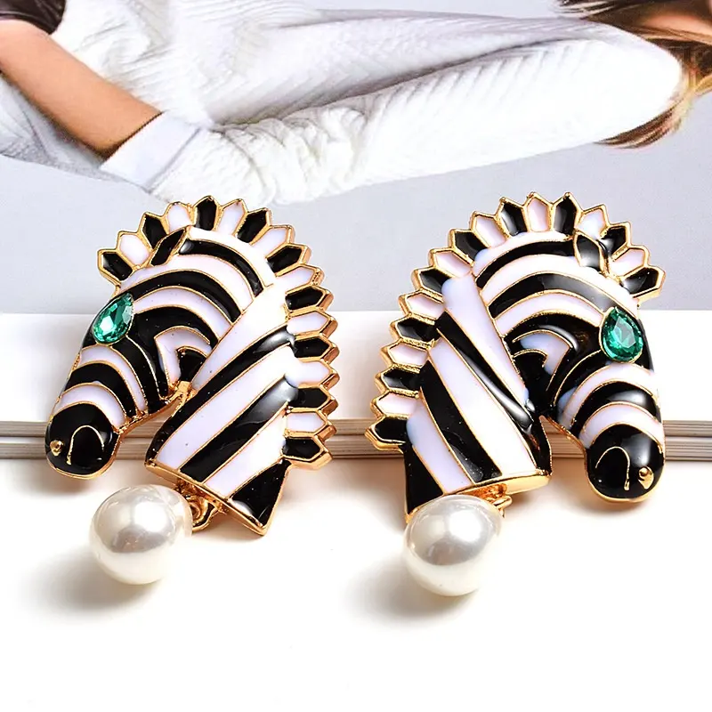Women Gold Enamel Animal Design Exaggerated Bohemia Boho Pendientes Zebra Waterdrop Pearl Earrings Jewelry Wholesaler