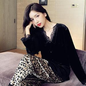 Mùa Thu Mùa Đông Của Phụ Nữ Ngủ Đặt Hàn Quốc Phong Cách Vàng Nhung Dài Tay Đồ Ngủ Leopard In Sexy Cardigan Nhà Máy Bán Buôn - Product Image 4