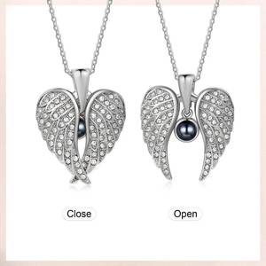 Pendentif personnalisé avec projection photo, ailes <span class=keywords><strong>d</strong></span>'ange, cent langues « Je t'aime », plaqué argent, zircon, chaîne à maillons, chaîne tendance en alliage - Product Image 2