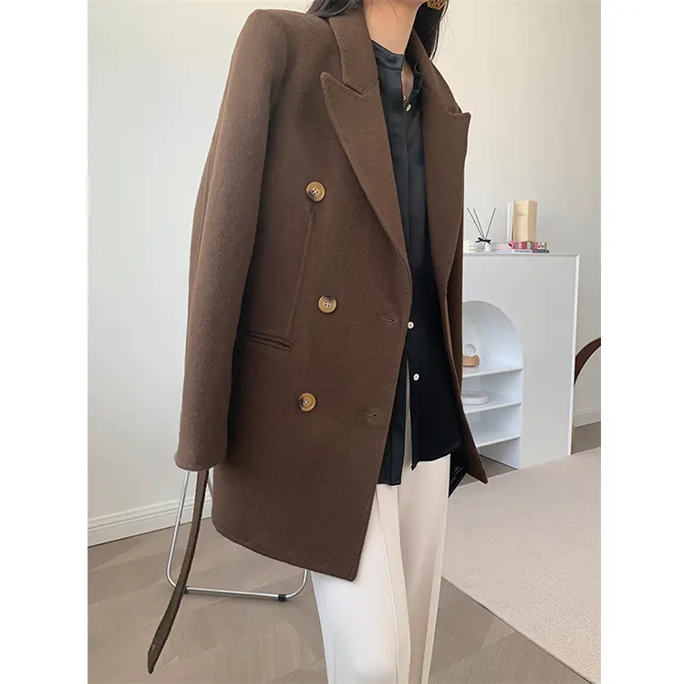 Double Face Wool Shell 100% Wool Long Thick Wool Overcoat with Belts Korean Stylish Women Lady Women's Coat