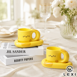 Juego de Taza de Porcelana y Posavasos con Diseño de Gato Gordito Amarillo, Estilo Nórdico con Puntos, Asa Grande, para Oficina, Escritorio, Regalo, Hogar, Desayuno, <span class=keywords><strong>LEXI</strong></span> - Product Image 1