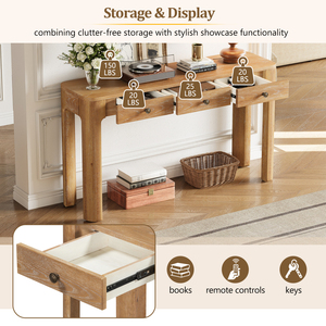 TREXM Rustic Console Table 3 Drawers Entryway Sofa Table with Curved <b>Corners</b> Sturdy Wood Design - Product Image 5