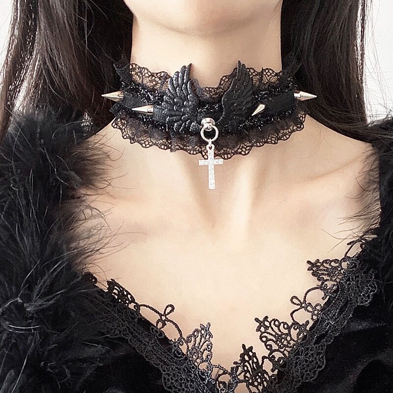Collana Girocollo Gotica In Velluto Nero Con Cristalli – Choker In Pizzo E Strass Per Donna – Vintage Vamp