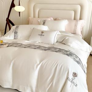 Thương Hiệu Mới 100S Áo Lyocell Mỹ Đen Hoa Thêu Đơn Giản Phong Cách Rừng Ánh Sáng Sang Trọng Bốn Mảnh Bộ Đồ Giường Màu Trắng Bộ - Product Image 3