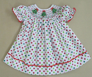 Robe de Noël smockée pour bébé fille, à pois, broderie arbre, manches bouffantes, tenue de fête pour tout-petit, robe vintage - Product Image 1