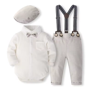 Nouveaux ensembles de vêtements pour bébé garçon, tenues de baptême pour nourrissons, combinaisons de baptême pour garçon, 0-24 mois, barboteuse blanche, nœud papillon, <span class=keywords><strong>pantalon</strong></span> à bretelles - Product Image 2