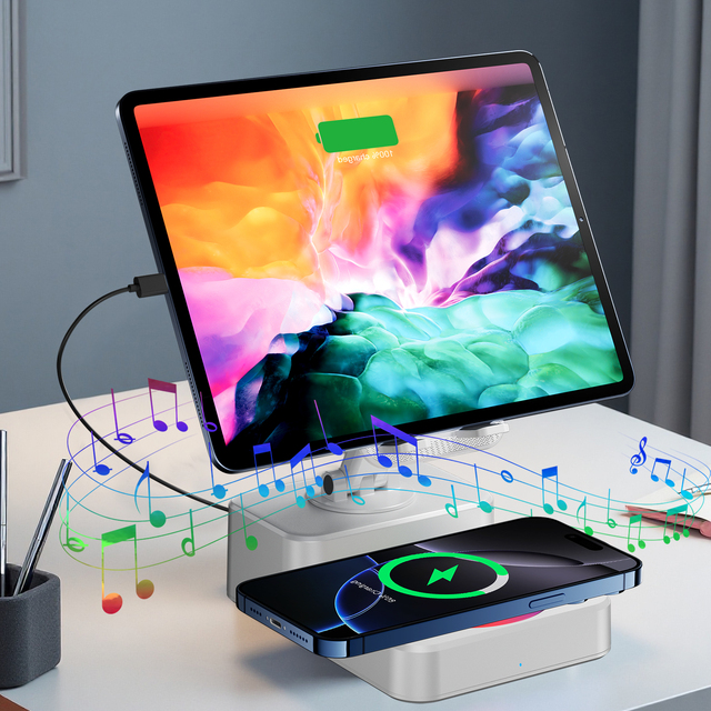 360° Rotating Foldable BT Speaker RGB Light with Wireless Charger for iPhone 17/16/15/14 for iPad for Smartphones