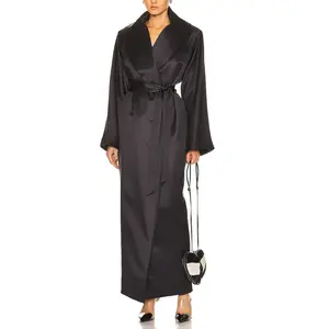 OEM Big Lapel Long Sleeve Belted Tie Waist Satin Long Dress Coat Women