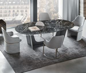 Juego de Mesa de Comedor Ovalada Moderna de Lujo Ligero para 8 Personas, Mesa de Comedor de Madera Maciza con Base de Mármol, <span class=keywords><strong>Cuero</strong></span> y Metal - Product Image 1