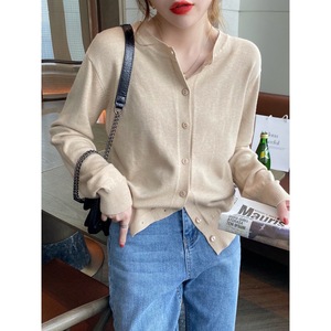 Cárdigan de punto para mujer, talla única, color liso, ajuste ceñido, manga larga, con cuello, para primavera y otoño - Product Image 1