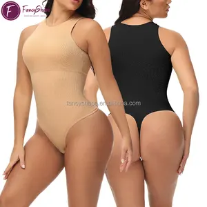 Women High Quality Firm Tummy Control Bodysuits Sexy Ribbed One Piece Sleeveless Halter Neck Bra Pad Bodysuits
