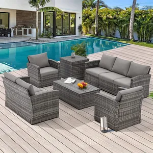 Set di divani da giardino per mobili da esterno in vimini intrecciati a mano da 7 pezzi personalizzati di facile manutenzione