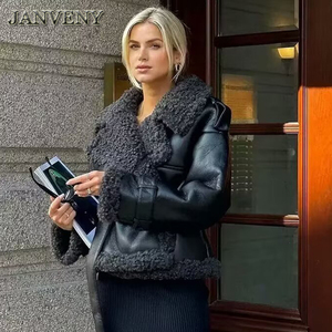 JANVENY 2025 nouveau hiver Patchwork Pu cuir veste avec <span class=keywords><strong>ceinture</strong></span> femmes col montant épaulette épaissir décontracté en peluche noir manteau - Product Image 1