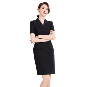 Career Dress Black Short Sleeve Notched Collar Anti-Wrinkle Work Uniform Women Elegant Office Wear - Product Image 5