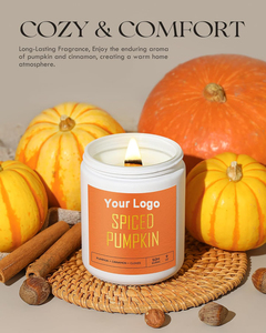 Bougie pilier artisanale en cire de soja écologique parfumée à la cannelle et à l'épices de <span class=keywords><strong>citrouille</strong></span>, avec mèche en bois et couvercle en métal pour les fêtes/Noël - Product Image 4