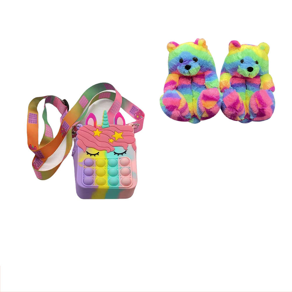 Silicone Cute Kids Bag Teddy Bear Matching Plush Slippers Set Children Kids House Shoes Coin Purse And Handbags 